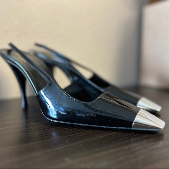 YSL SAINT LAURENT Blade Patent Leather Metallic-Toe Slingback Pumps sz 38.5 8 US - Picture 9 of 13